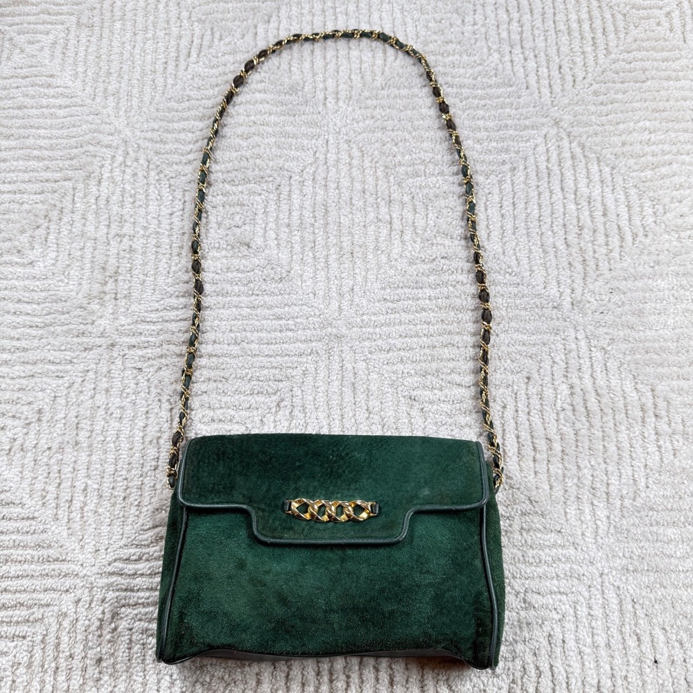 Amanda Smith Suede Crossbody Bag Green Vintage Gold Chain Strap Retro Classic